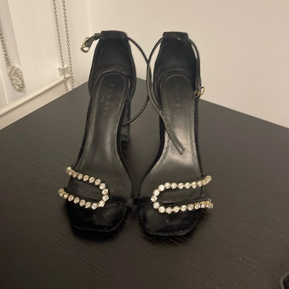 SANDRO velvet heeled sandals with diamond like stones